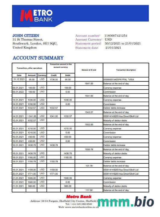 United Kingdom M Plus Current wyciąg bankowy szablon Worda i PDF